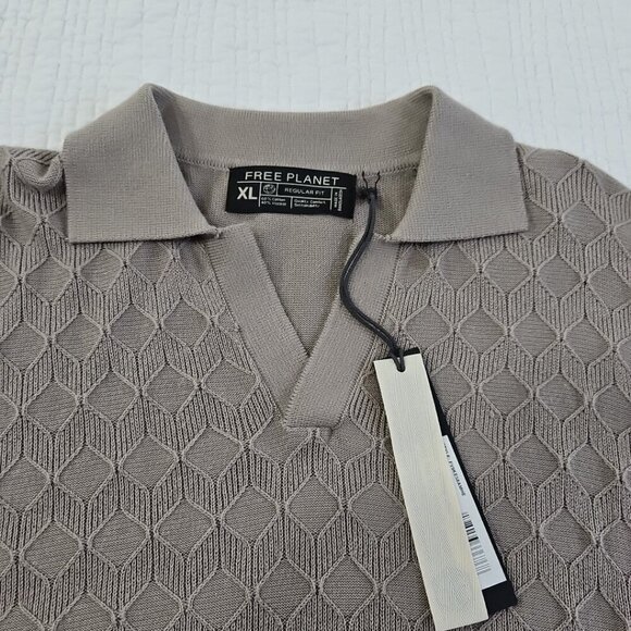Free Planet Knit Shirt Men's XL Taupe Geometric Pattern Short Sleeve NWT - Picture 6 of 15